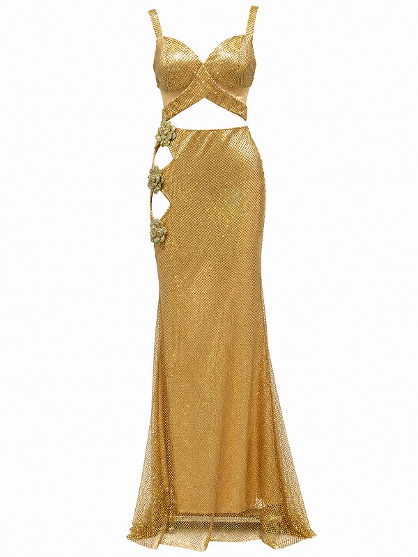 【新品DRESS 2028】ホログラムラメビッグローズモチーフビジューカットアウトロングドレス ゴールド